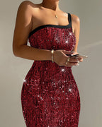Lurex One-Shoulder Sequin Midi Dress with Spaghetti Strap