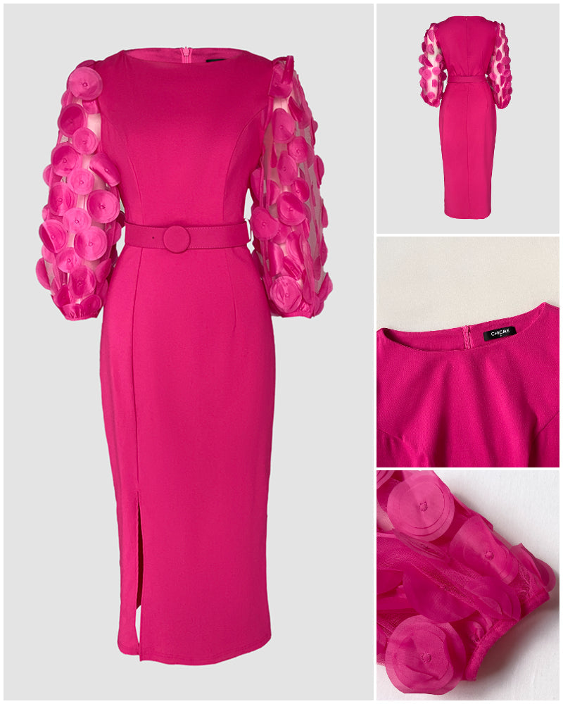 3D Polka Dot Mesh Lantern Sleeve Mid-Length Office Dress