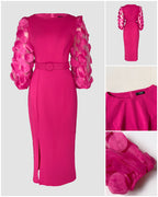 3D Polka Dot Mesh Lantern Sleeve Mid-Length Office Dress