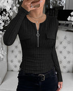 Long Sleeve Half Zip Ribbed Tee with Flap Detail