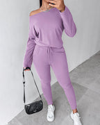 2-Piece Asymmetrical Neck Sweater and Drawstring Slim-Fit Pants Set
