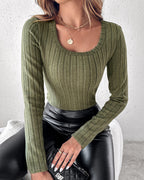 Fleece-Lined U-Neck Long Sleeve Ribbed Thermal Tee, No Padding