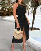 Ruched Halter Dress with Lace Yoke and Adjustable Neckline