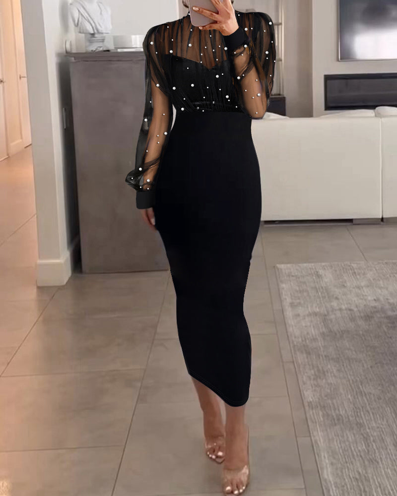 Mock Neck Beaded Mesh Bodycon Dress with Rear Zipper
