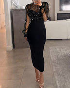 Mock Neck Beaded Mesh Bodycon Dress with Rear Zipper
