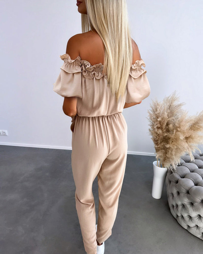 Off-Shoulder Frill Trim Textured Jumpsuit with Tie Waist