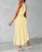 Ruched Halter Dress with Lace Yoke and Adjustable Neckline
