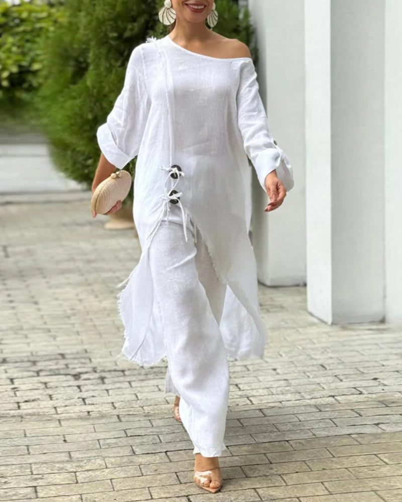 One-Shoulder Top with Coordinating Wide-Leg Pants Set