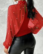 Pearl-Embellished High Neck Chiffon Tee with Draped Cape Sleeves