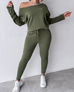 2-Piece Asymmetrical Neck Sweater and Drawstring Slim-Fit Pants Set