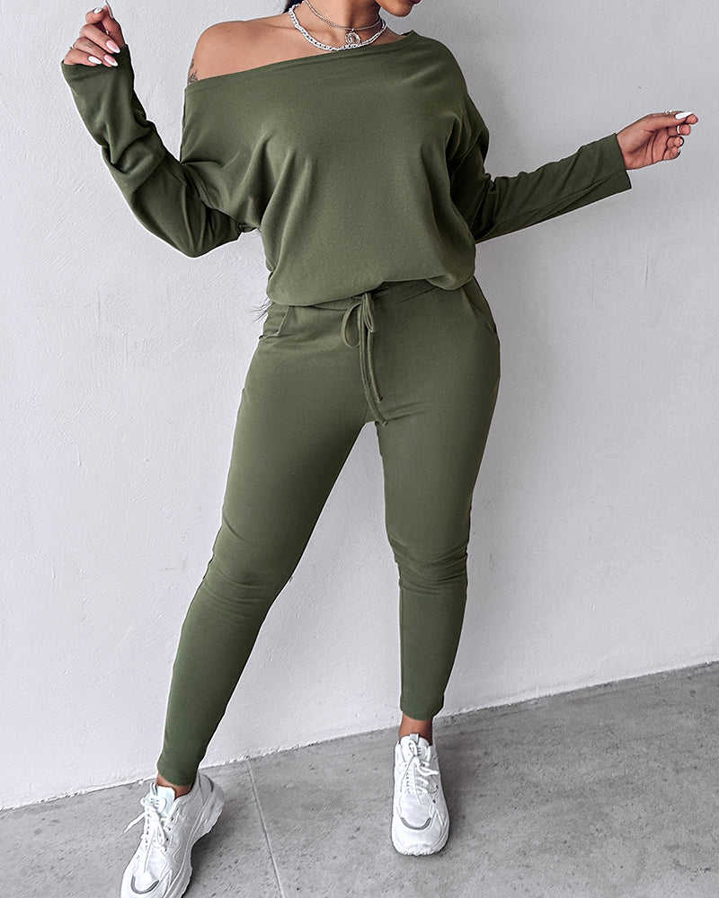 2-Piece Asymmetrical Neck Sweater and Drawstring Slim-Fit Pants Set