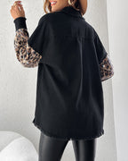 Leopard Sequin Patchwork Shacket with Raw Hem Long Sleeves