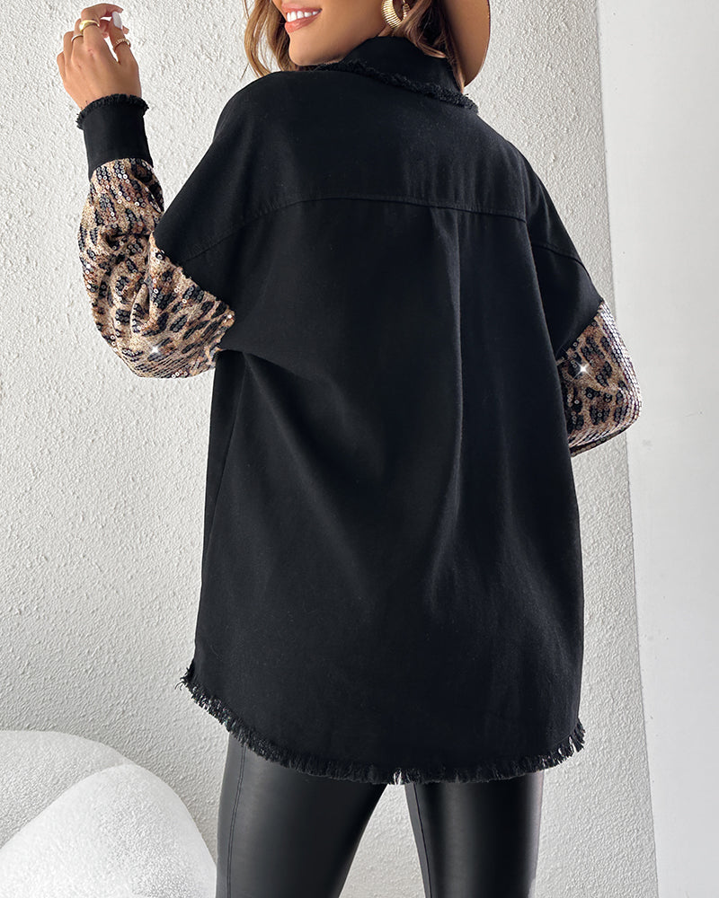 Leopard Sequin Patchwork Shacket with Raw Hem Long Sleeves
