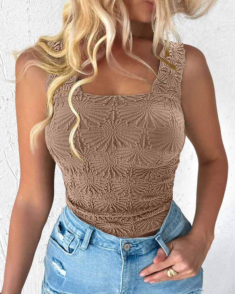 Floral Jacquard Square Neck Crop Top with Thick Straps