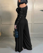 Pearl-Adorned Asymmetrical Neck Ruched Jumpsuit with Cinched Waist