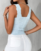 Floral Jacquard Square Neck Crop Top with Thick Straps
