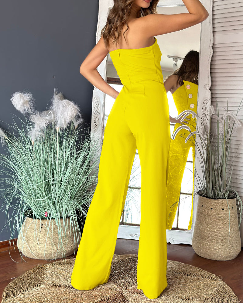Asymmetrical Strapless Overalls with Metal Button Accents