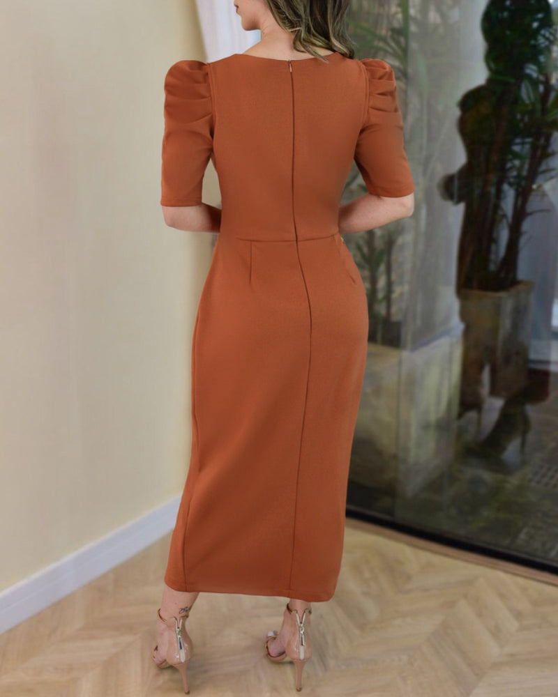 3D Floral Ruched Bodycon Dress with Puff Sleeves and Slit