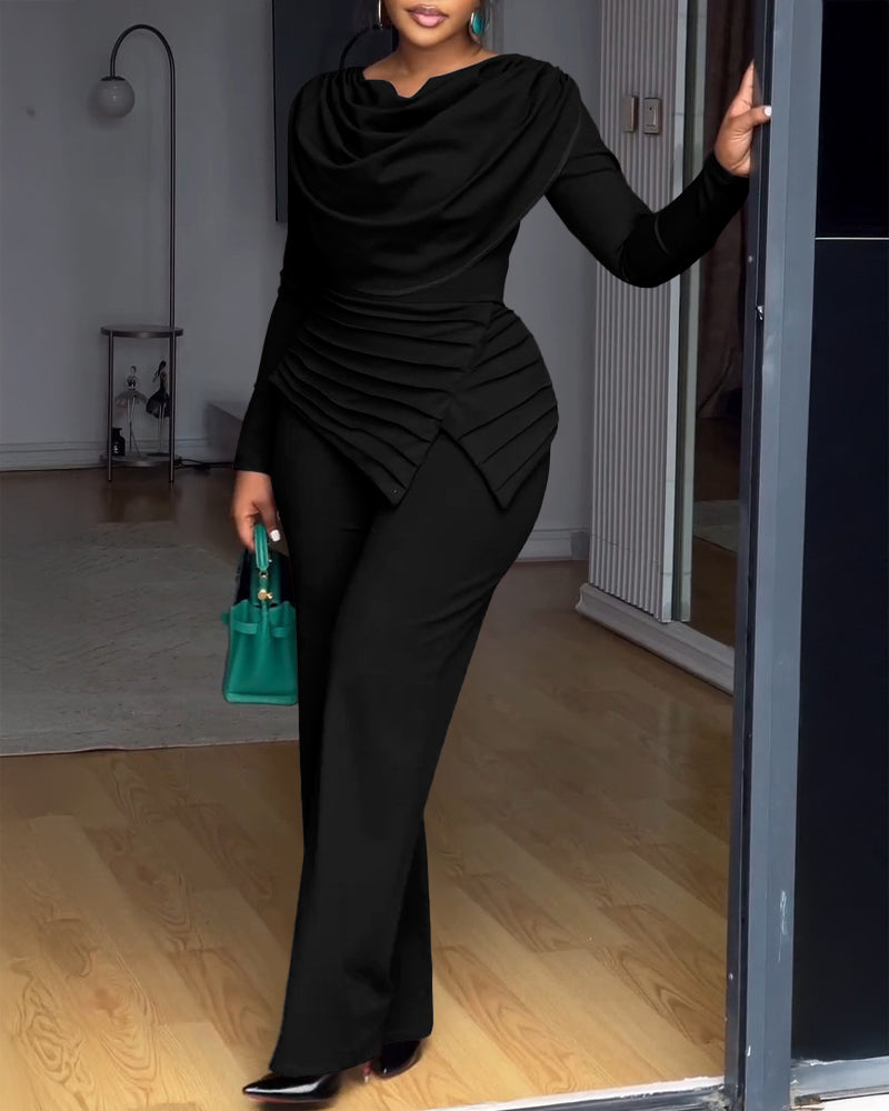 Cowl Neck Asymmetrical Cinched Waist Wide Leg Zippered Jumpsuit