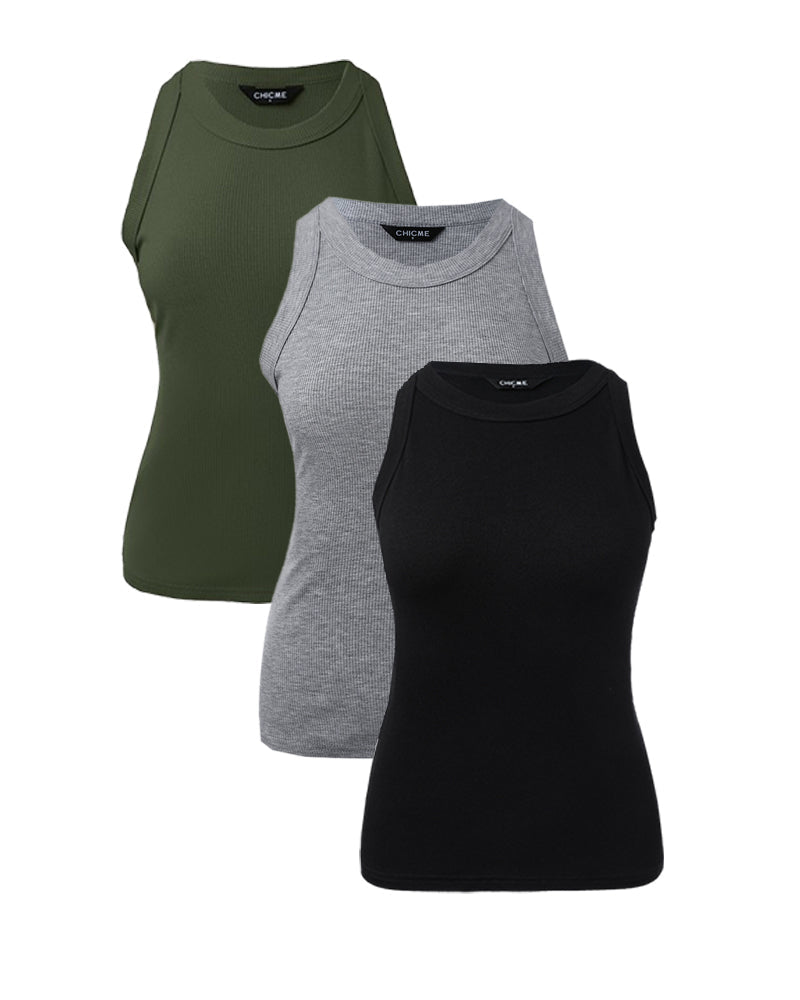 3-Pack Knit Racerback Tank Tops, Round Neck, Thick Straps