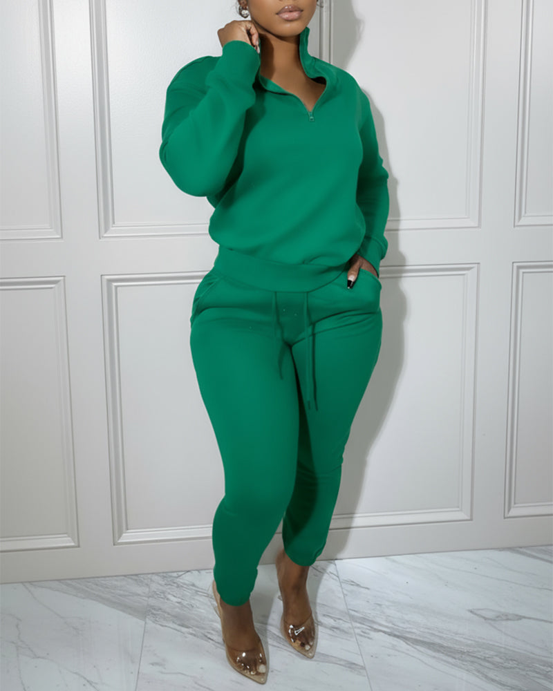 2-Piece Half-Zip High Neck Top and Drawstring Joggers Set