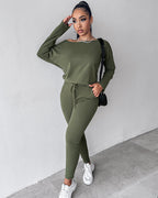 2-Piece Asymmetrical Neck Sweater and Drawstring Slim-Fit Pants Set