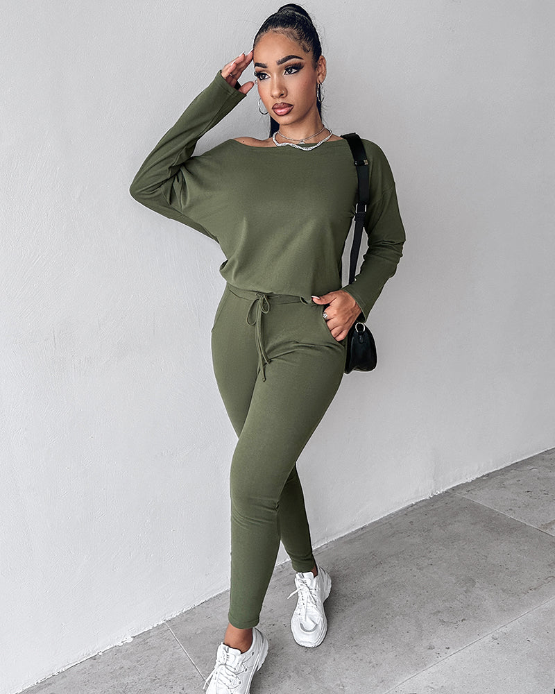 2-Piece Asymmetrical Neck Sweater and Drawstring Slim-Fit Pants Set