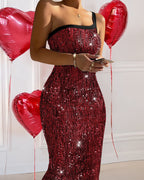 Lurex One-Shoulder Sequin Midi Dress with Spaghetti Strap