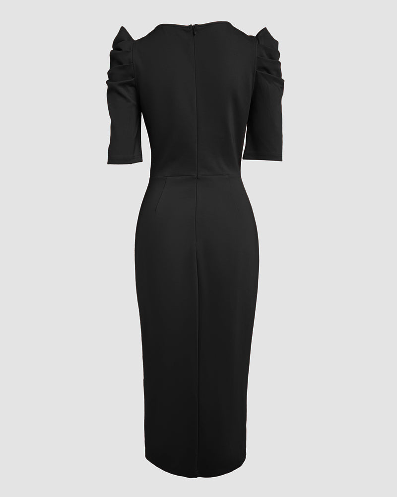3D Floral Ruched Bodycon Dress with Puff Sleeves and Slit