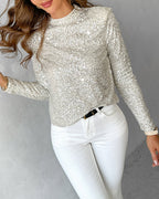 Sequin Mock Neck Top with Long Sleeves and Open Back