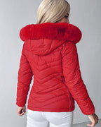 Fuzzy Trim Hooded Puffer Jacket with Shirred Zipper Pockets