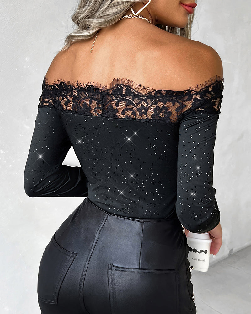 Glittery Off-Shoulder Top with Eyelash Lace Accents
