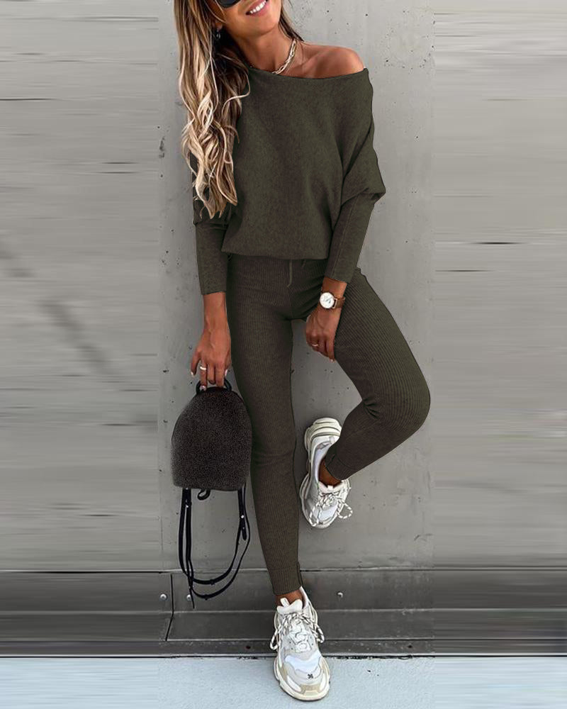 Skew Neck Pullover with High-Waist Drawstring Pants Set