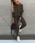 Skew Neck Pullover with High-Waist Drawstring Pants Set