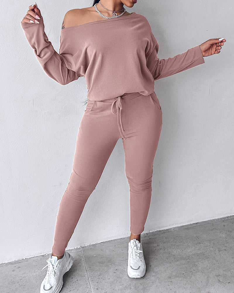 2-Piece Asymmetrical Neck Sweater and Drawstring Slim-Fit Pants Set