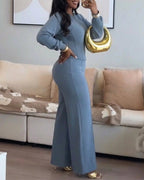 2-Piece O-Neck Sweatshirt and Wide-Leg Pants Set with Cinched Waist