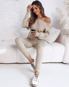 Skew Neck Pullover with High-Waist Drawstring Pants Set