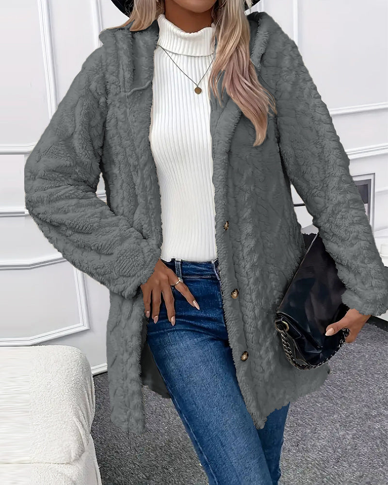 Argyle Hooded Teddy Coat with Buttoned Slits