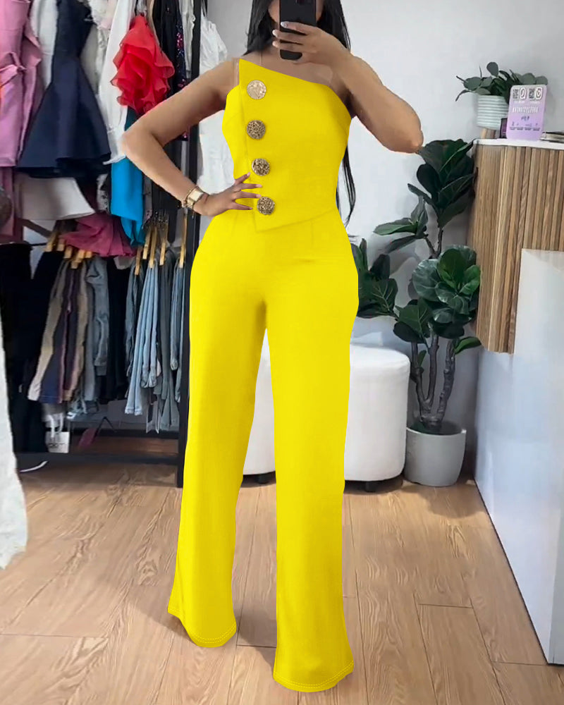 Asymmetrical Strapless Overalls with Metal Button Accents