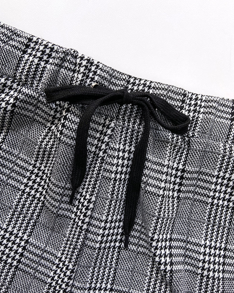 2-Piece Plaid Blazer with Notched Collar and Drawstring Pants Set