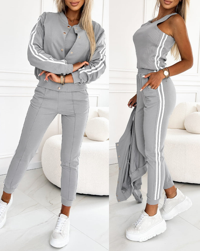 3-Piece Tracksuit with Snap-Button Coat, Striped Pants, and Tank