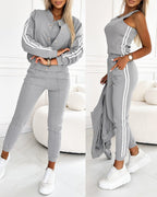 3-Piece Tracksuit with Snap-Button Coat, Striped Pants, and Tank