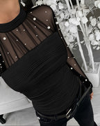 Pearl-Embellished Mesh-Inset Ruched Tee with Open-Back Detail