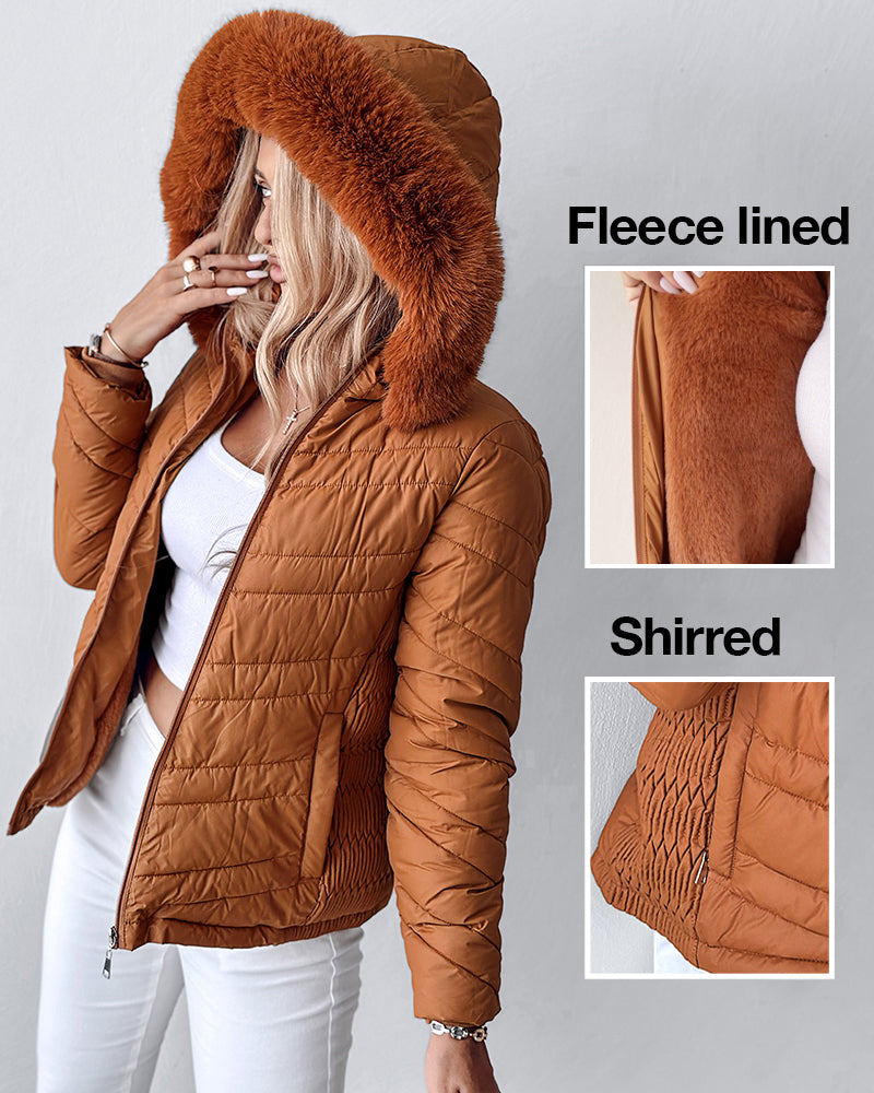Fuzzy Trim Hooded Puffer Jacket with Shirred Zipper Pockets