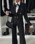 2-Piece Notched Collar Coat with Slim Fit Flared Pants Set
