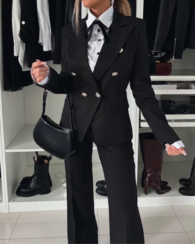 2-Piece Notched Collar Coat with Slim Fit Flared Pants Set