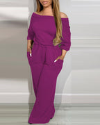 Off-Shoulder Jumpsuit with Elastic Waist, Pockets, and V-Back Design