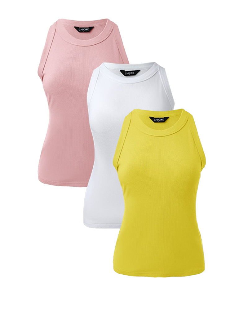3-Pack Knit Racerback Tank Tops, Round Neck, Thick Straps