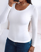 Built-In Bra U-Neck Tee Long Sleeve Stretchy Knit Top