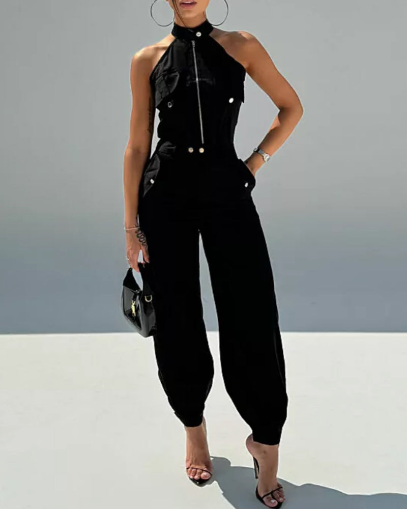 2-Piece High Neck Sleeveless Top and Cuffed Cargo Pants Set